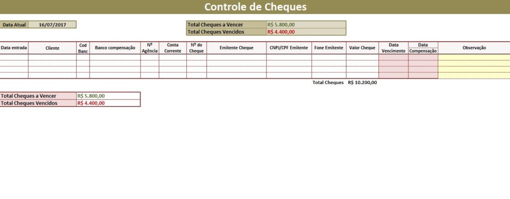 Planilha De Controle De Cheques Excel Simples